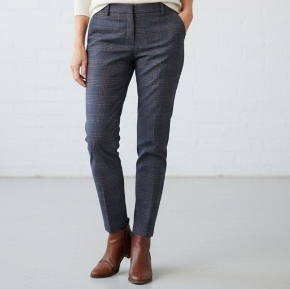 J. Jill Plaid Ponte Ankle Pant Size 8 Blue-Gray Orange-Tan Work Stretch - Picture 1 of 9